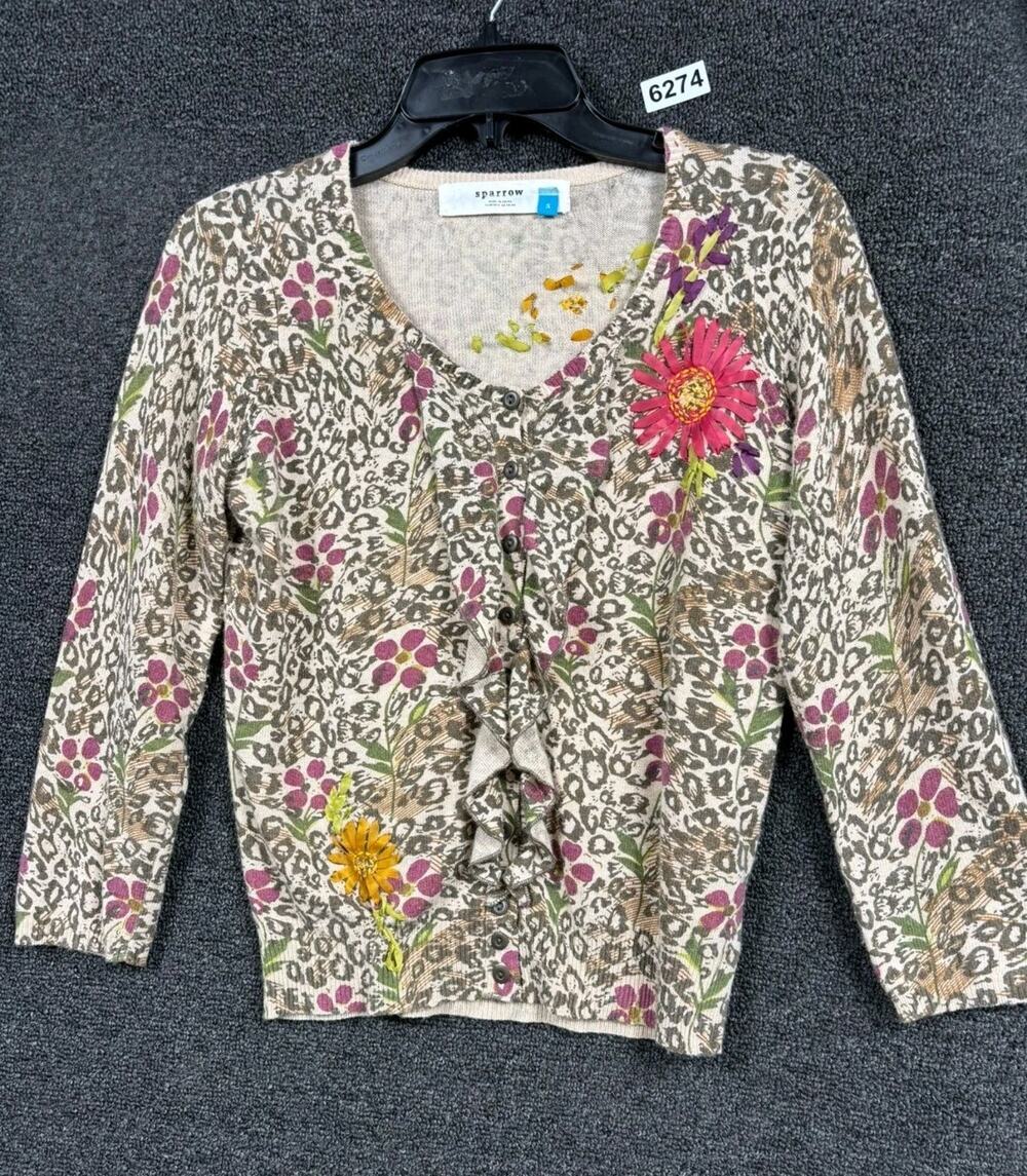 Sparrow Anthropologie Cardigan Sweater S Floral Animal Lambswool Angora Rabbit